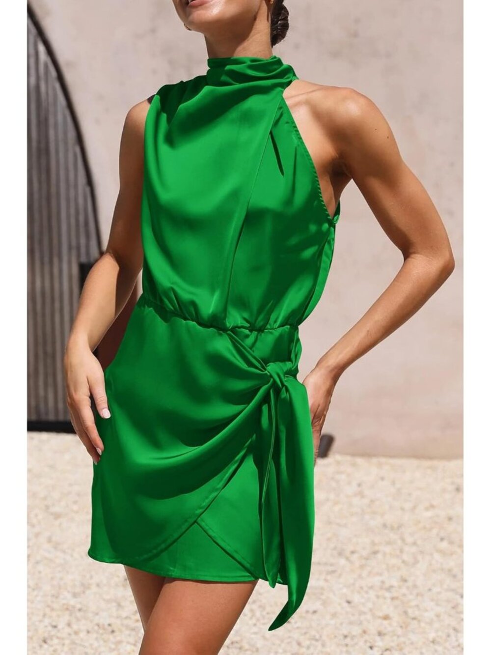 Women's Brilliant Green Formal Short Sleeveless Mock Neck Satin Party Dresses - Picture 4 of 6